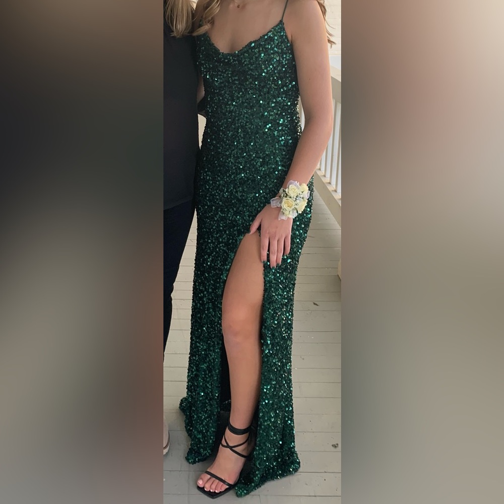 B Darlin Emerald Green Sequin Maxi Dress with High Slit